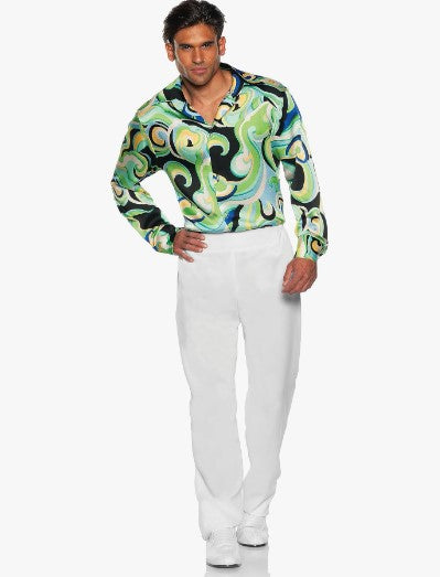 Disco Shirt Men's Multi Swirl - Green - 60's 70's - Costume - Men - 2 Sizes