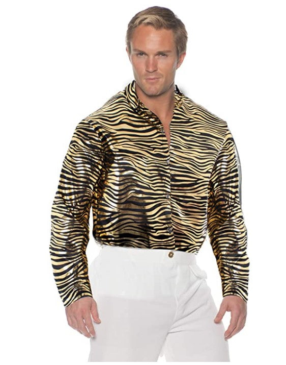 Tiger Print Disco Shirt - Turquoise | Gold - Metallic - Costume - Men - 2XL