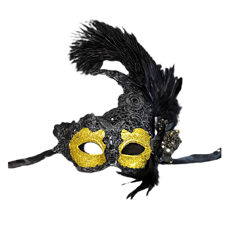 Black/Gold Venetian Mask - Brocade Lace - Feathers - Costume Accessory - One Size