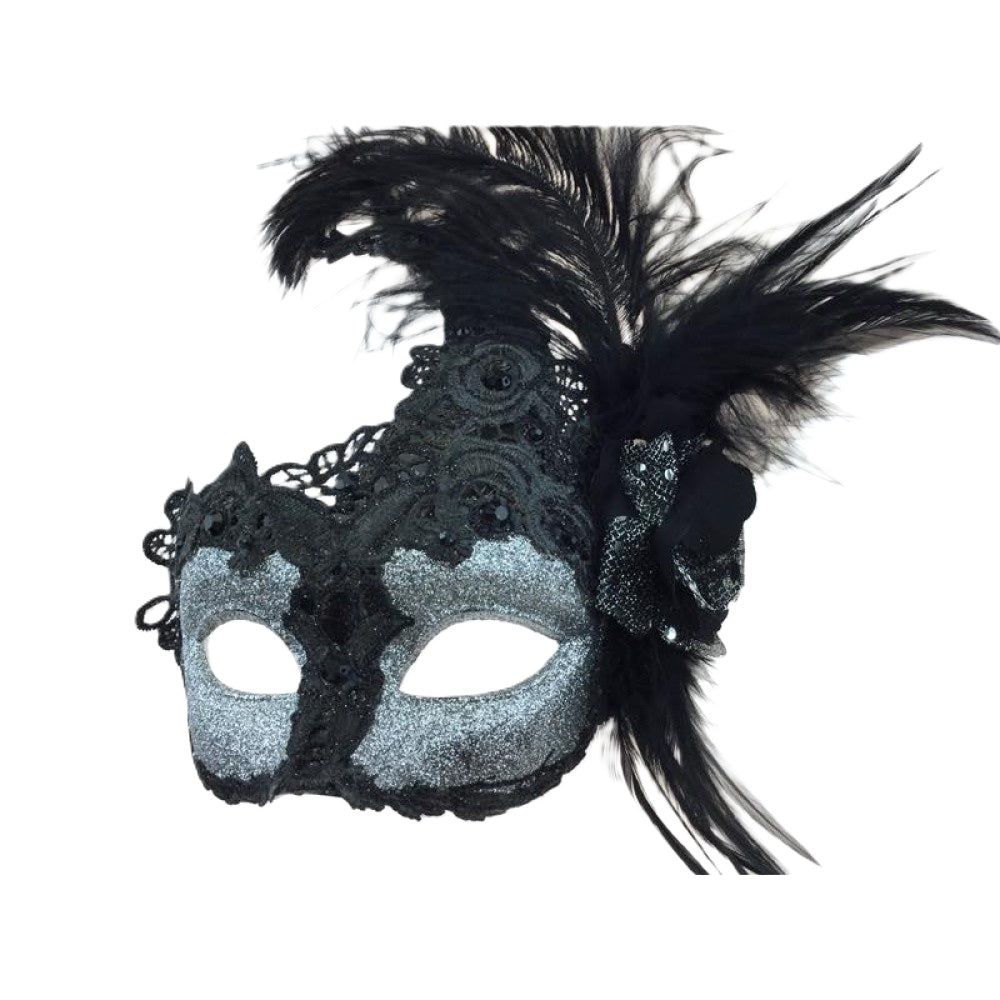 Black/Silver Venetian Mask - Brocade Lace - Feathers - Costume Accessory - One Size