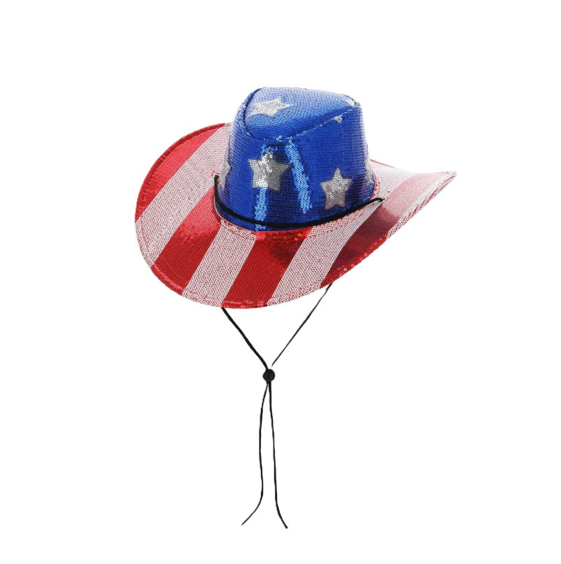 Red White & Blue Patriotic Sequin Cowboy Cowgirl Hat - Costume Accessory
