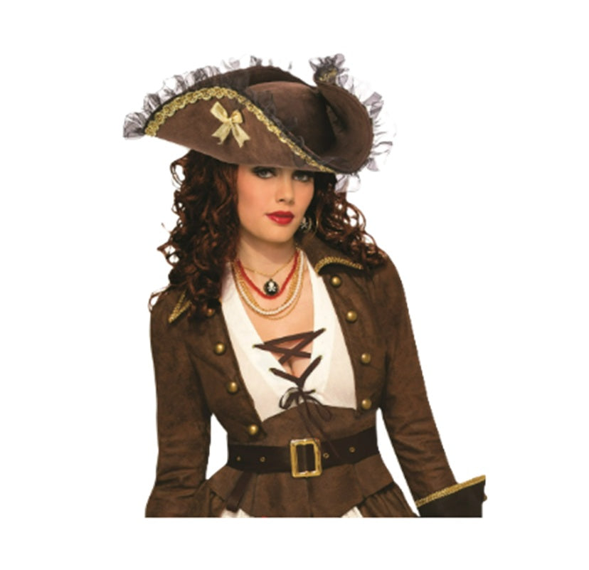 Brown Pirate Hat - Gold/Black Ruffle - Costume Accessory - One Size