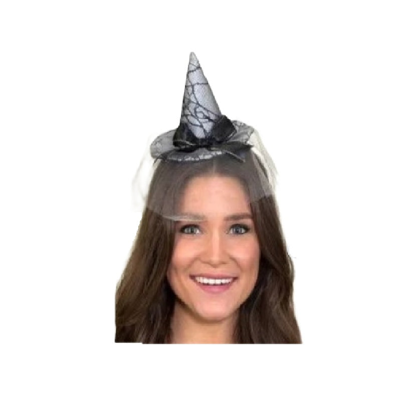 Silver/Black Mini Witch Hat - Spider Web - Veil - Costume Accessory - One Size