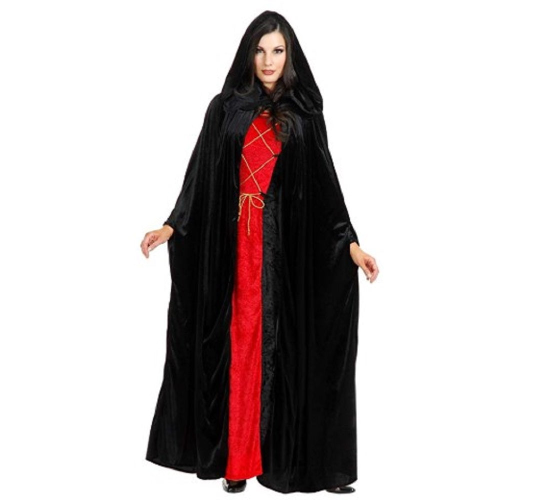 Black Hooded Cloak Crushed Panne - Vampire Witches - Costume - One Size