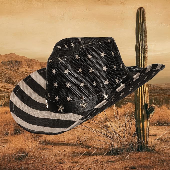 Cowboy Hat - Black & Gray - American Flag - Star Medallions - Costume Accessory