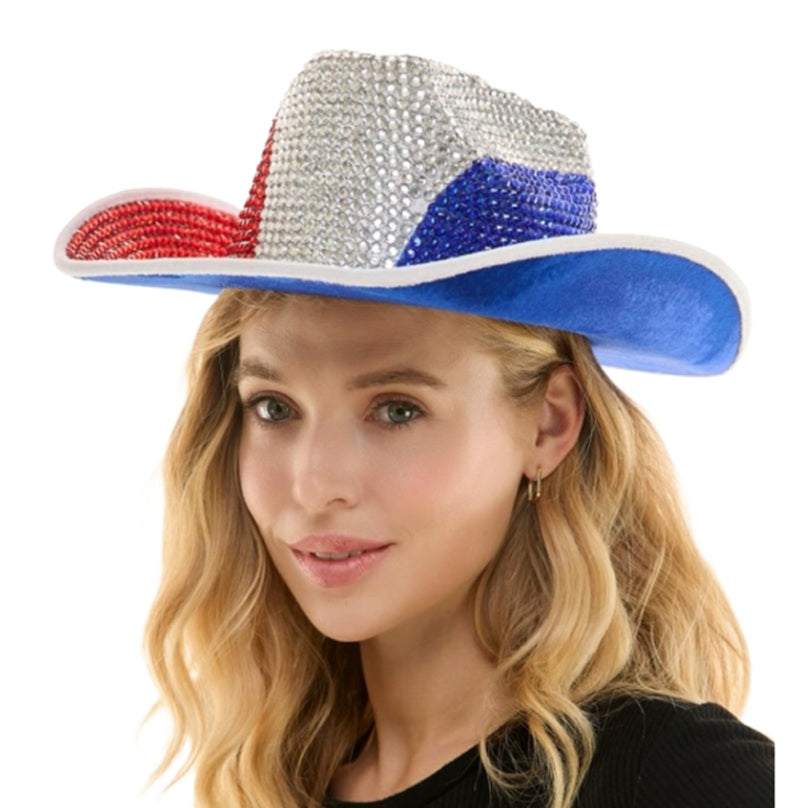 Red White & Blue Patriotic Cowboy Hat - Rhinestone - Costume Accessory