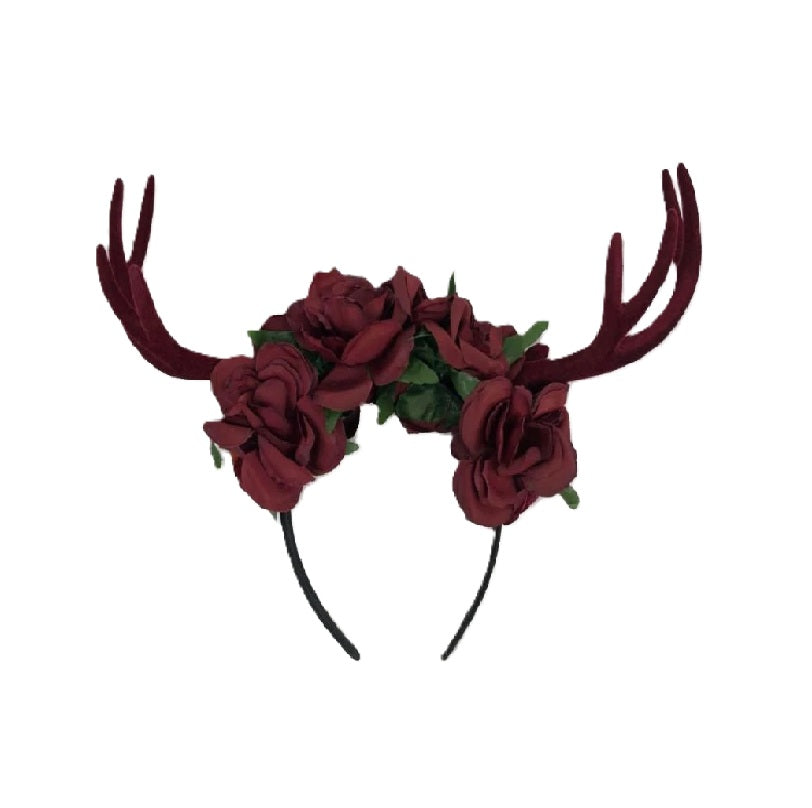 Burgundy Deer Antlers Headband - Fabric Flowers- Costume Accessory - One Size
