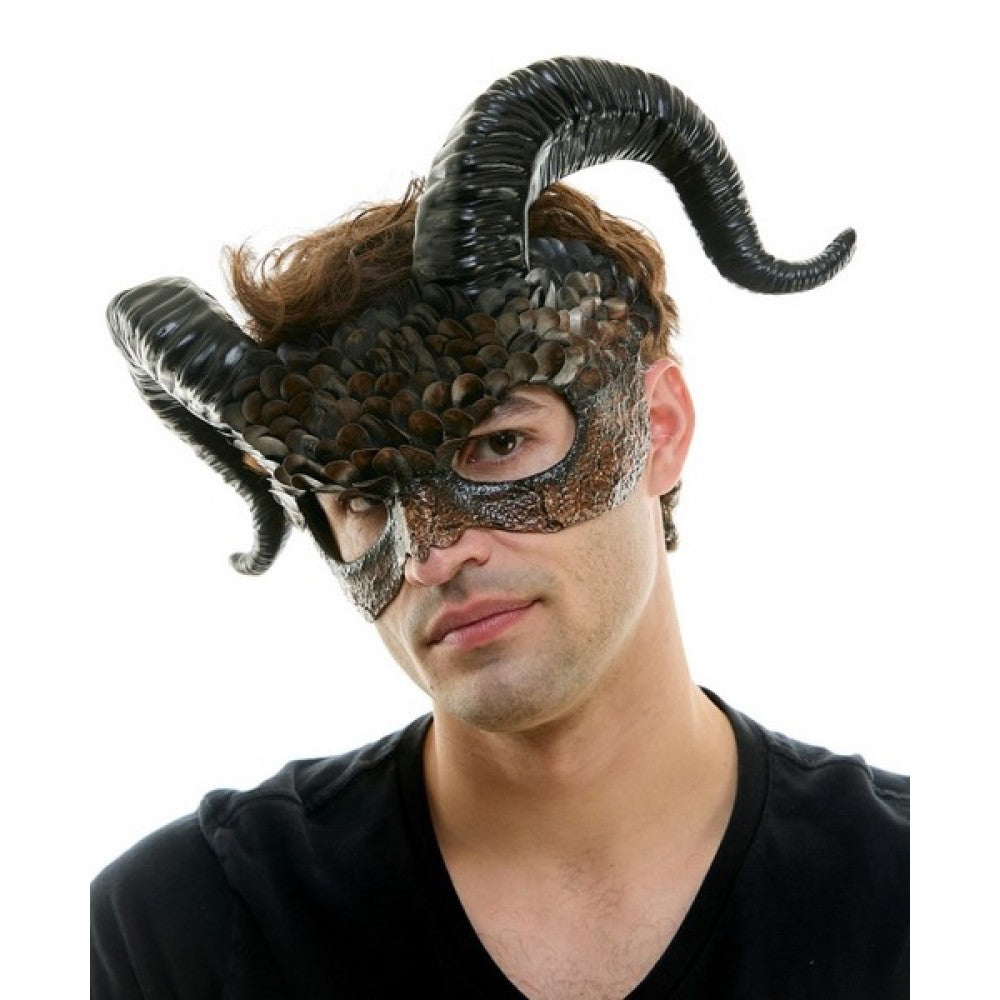 Demon Ram Mask - Brown Faux Feathers - Costume Accessory - One Size