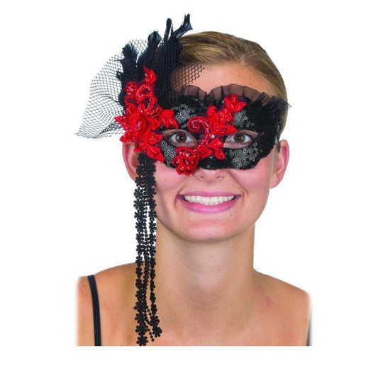 Day of the Dead Mask - Feather - Lace - Black/Red - Costume Accessory