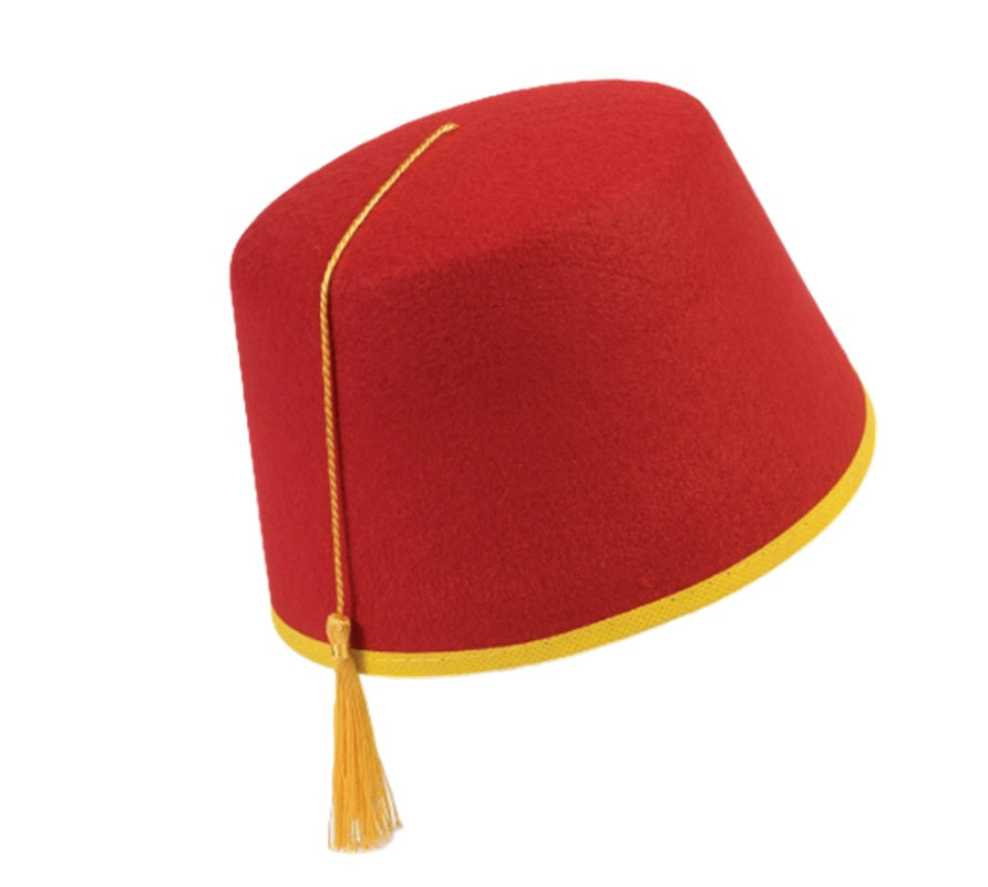 Red Fez Hat - Yellow Trim/Tassel - Dr Who - Aladdin - Costume Accessory