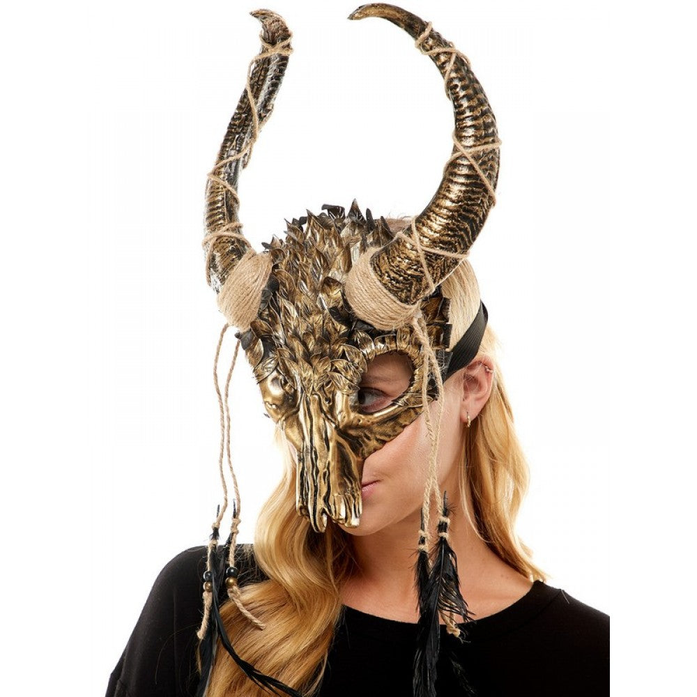 Gold Skull Ram Horn Mask - Bone Feathers - Costume Accessory - One Size