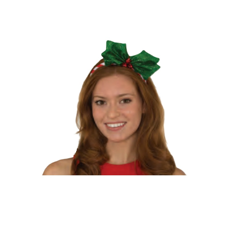 Bright Pink Headband w/ Candy Canes & Holly