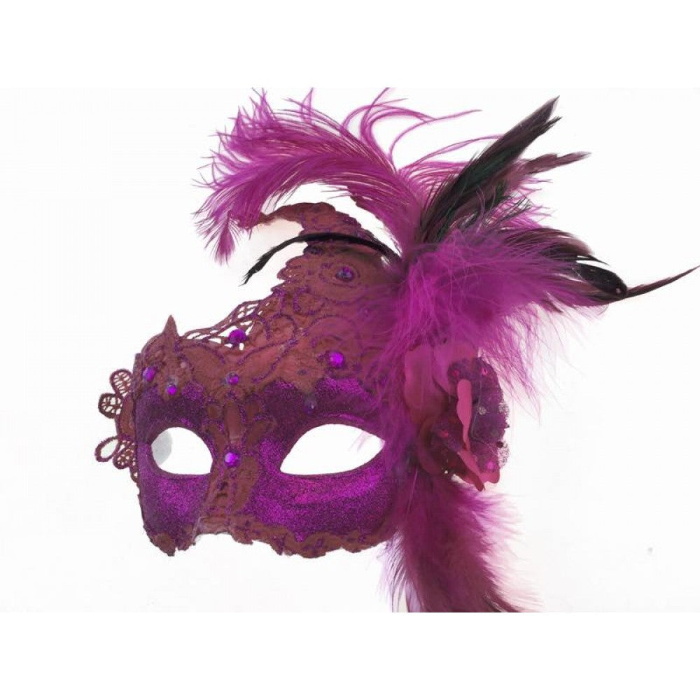 Hot Pink Venetian Mask - Brocade Lace - Feathers - Costume Accessory - One Size