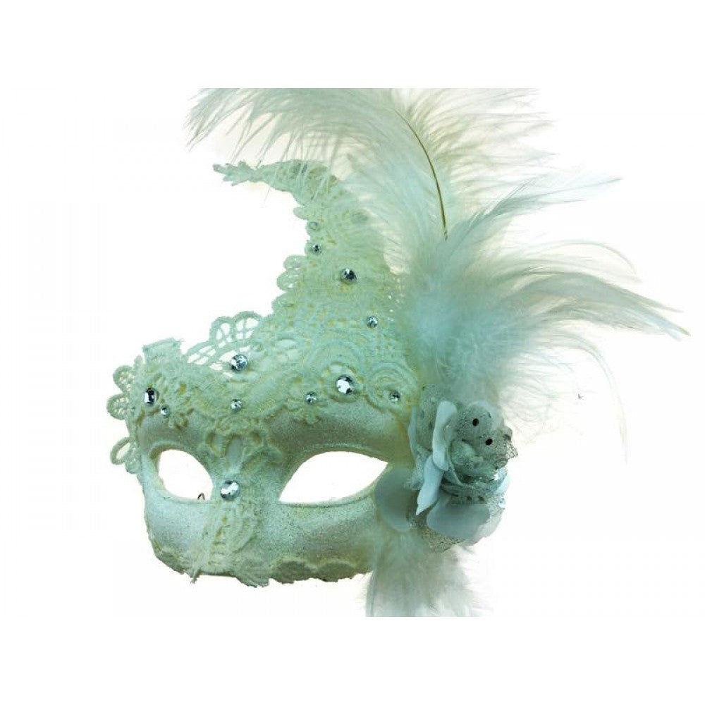 White Venetian Mask - Brocade Lace - Feathers - Costume Accessory - One Size
