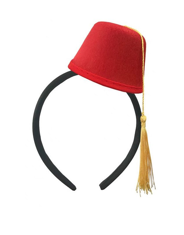 Red Mini Fez Hat on Headband - Yellow Tassel - Costume Accessory - One Size