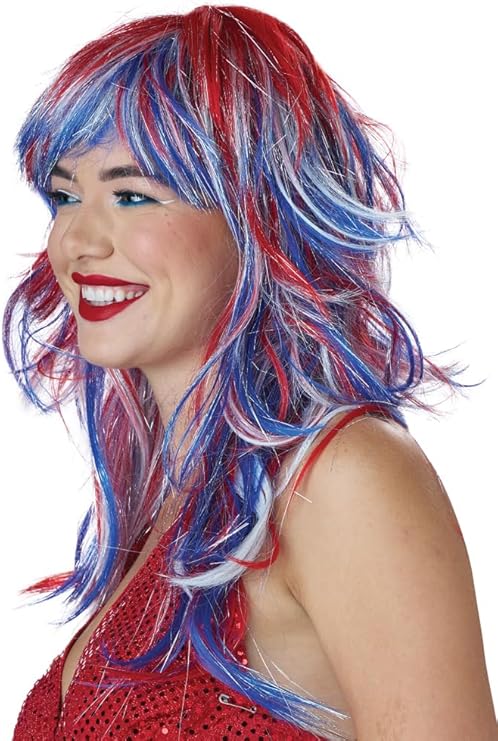 Patriotic Long Wig - Festival - Red/White/Blue - Costume Accessory - One Size