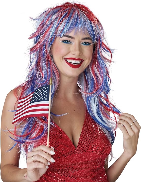 Patriotic Long Wig - Festival - Red/White/Blue - Costume Accessory - O Arlene's Costumes Patriotic Long Wig - Festival - Red/White/Blue - Costume Accessory - O Arlene's Costumes