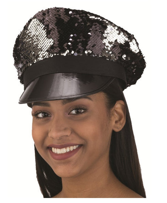Disco Police Hat - Black/Silver - Flip Sequins - Costume Accessory - Adult Teen