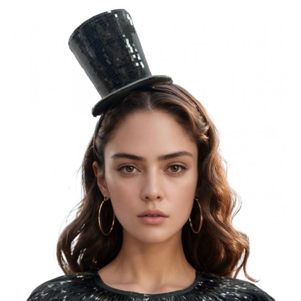 Black Mirror Ball Mini Top Hat - Headband - Costume Accessory - One Size