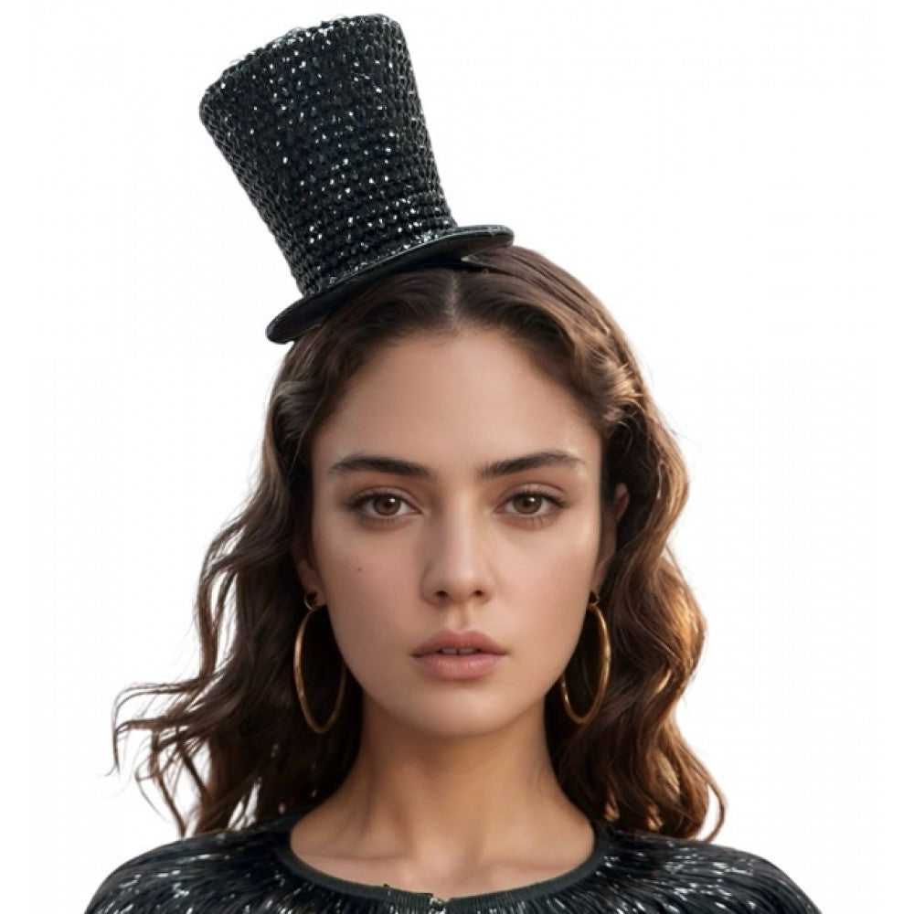 Black Rhinestone Mini Top Hat - Headband - Costume Accessory - One Size