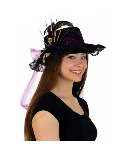 Witch Doctor Top Hat - Voodoo - Skeleton - Purple Lace Band - Costume Accessory