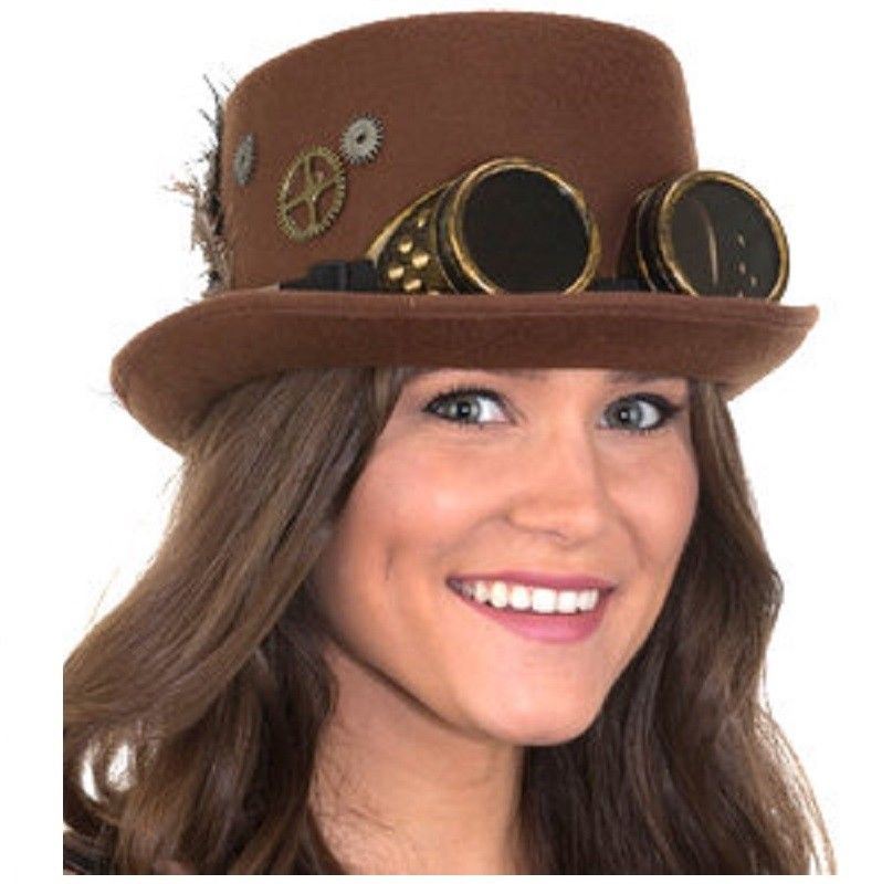 steampunk top hat with goggles Brown Steampunk Top Hat - Gears Feathers Goggles - Costume Accessory