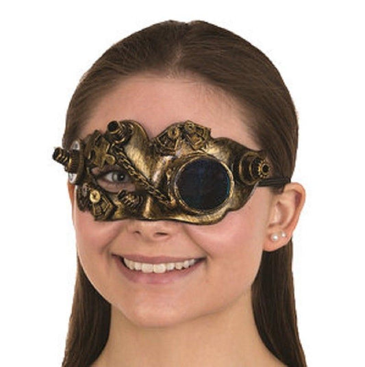 Steampunk Half Mask - Monocle - Brushed Gold - Gears - Costume Accessory - Adult