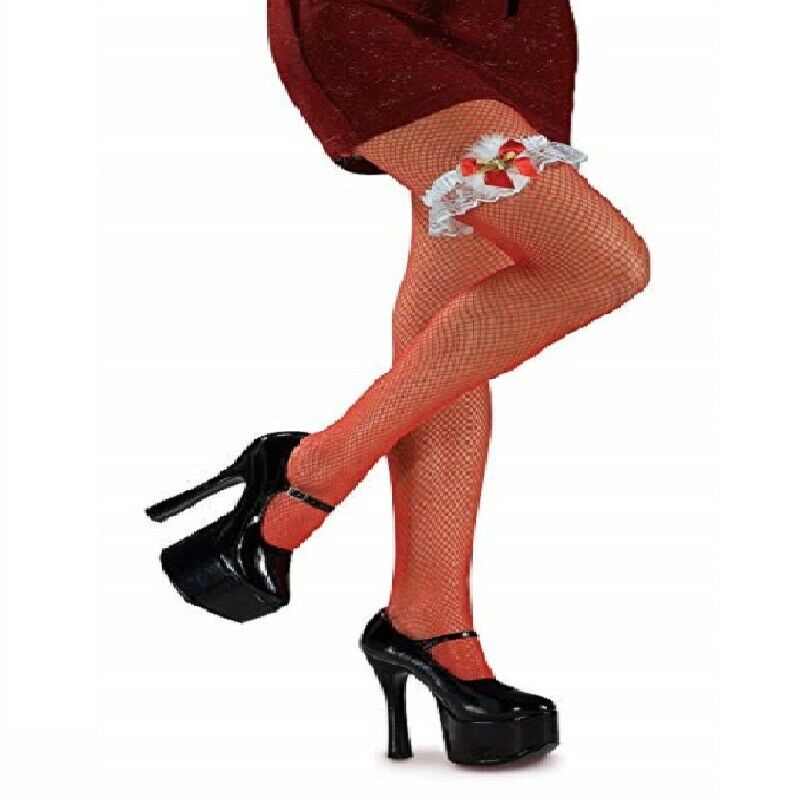 Strumpfband aus Spitze – Weiß – Glöckchen/Band – Weihnachten – Kostümzubehör – Erwachsene