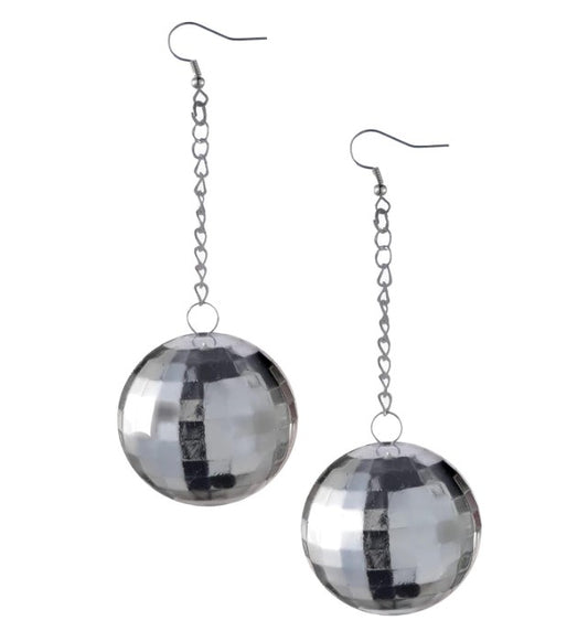 Disco Ball Dangling Earrings - Silver - 70's - Costume Accessories