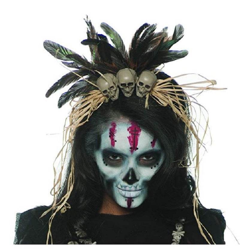 Witch Doctor Headband - Voodoo - Skulls Feathers - Costume Accessory - One Size