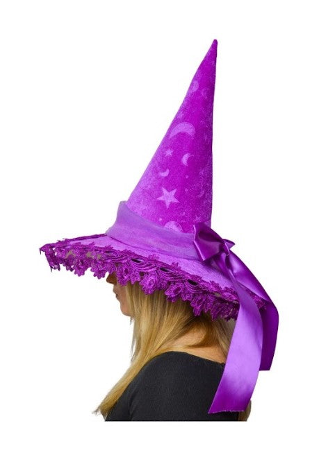 Purple Velvety Celestial Witch Hat - Moons Stars - Costume Accessory - One Size
