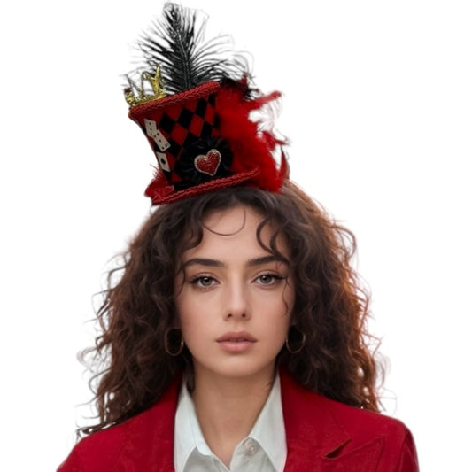 Mini sombrero de copa a cuadros - Sombrerero Loco - Plumas y flores - Accesorio de disfraz