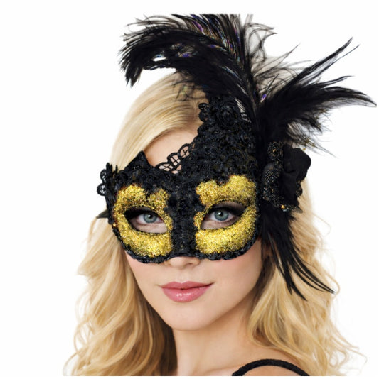 Black/Gold Venetian Mask - Brocade Lace - Feathers - Costume Accessory
