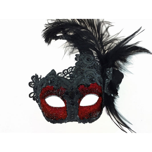 Black/Red Venetian Mask - Brocade Lace - Feathers - Costume Accessory - One Size
