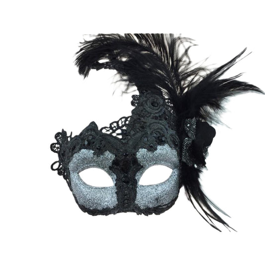 Black/Silver Venetian Mask - Brocade Lace - Feathers - Costume Accessory