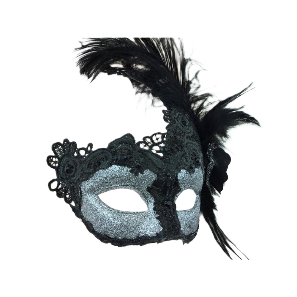 Black/Silver Venetian Mask - Brocade Lace - Feathers - Costume Accessory - One Size