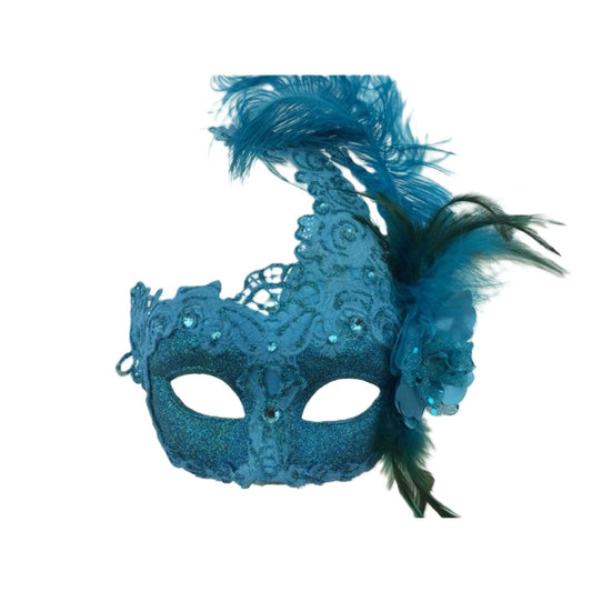 Sky Blue Venetian Mask - Brocade Lace - Feathers - Costume Accessory - One Size