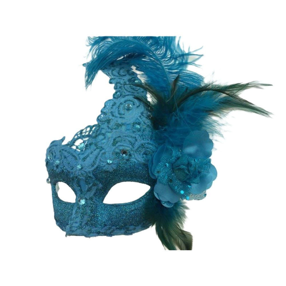 Sky Blue Venetian Mask - Brocade Lace - Feathers - Costume Accessory - One Size