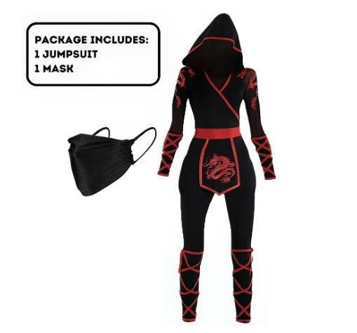 Ninja Assassin - Negro/Rojo - Catsuit con capucha - Disfraz - Mujer - 5 tallas