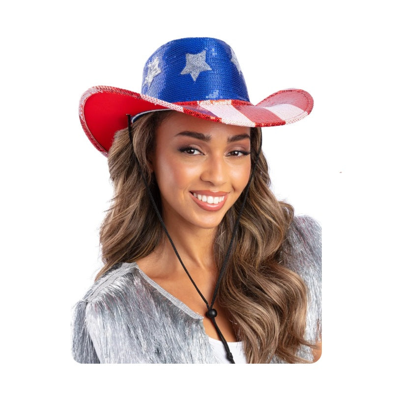 Red White & Blue Patriotic Sequin Cowboy Cowgirl Hat - Costume Accessory