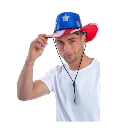 Red White & Blue Patriotic Sequin Cowboy Cowgirl Hat - Costume Accessory
