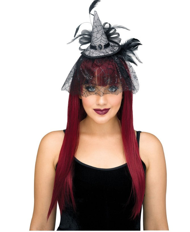 Black and Silver Mini Witch Hat Headband - Spiderweb - Costume Accessory