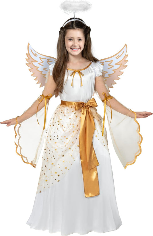 Angel Gown - White/Gold - Liturgical - Biblical - Costume - Girls Medium 8-10