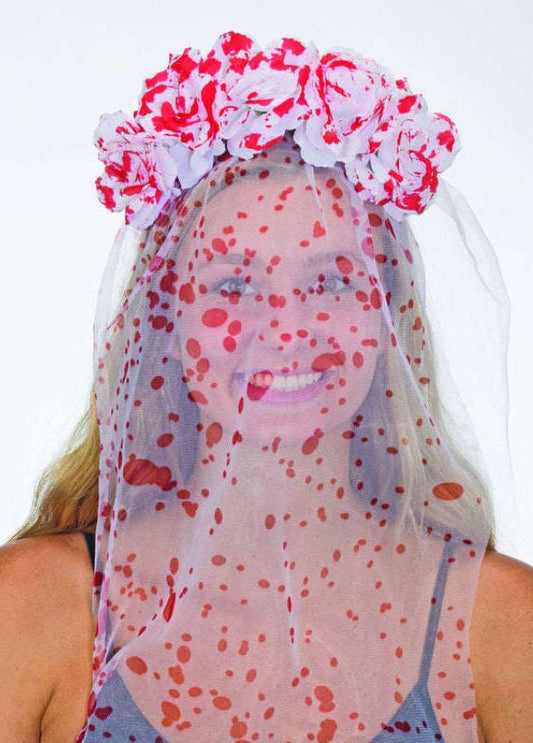 Bloody Bride Veil Headband - Long - Fabric Roses - Costume Accessory - Adult