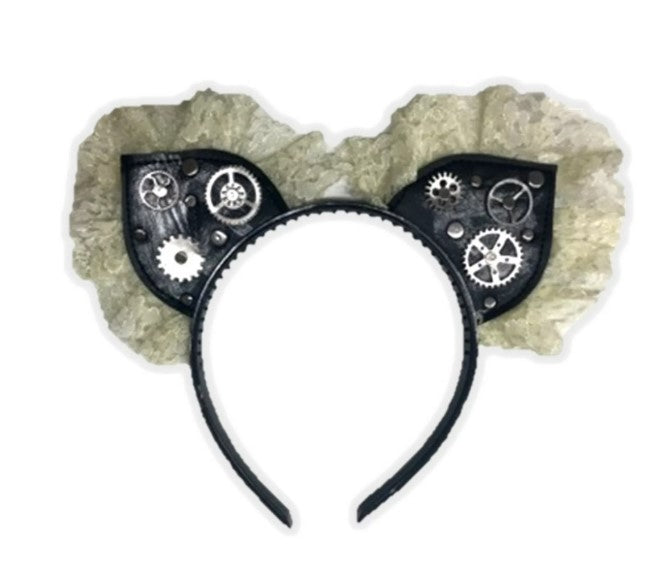 Steampunk Cat Ears - Black - Lace - Gears - Costume Accessory - Adult Teen