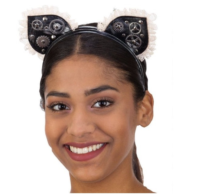 Steampunk Cat Ears - Black - Lace - Gears - Costume Accessory - Adult Teen