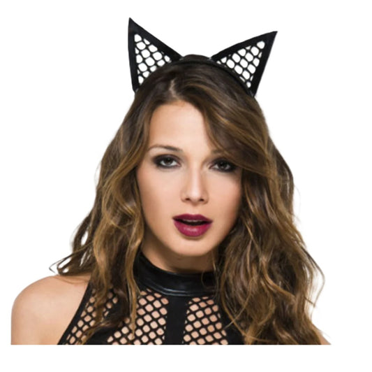 Black Cat Ears - Vinyl Fishnet - Costume Accessory - One Size