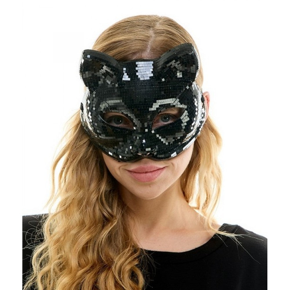 Mirror Glass Cat Mask - Black or Silver - Disco - Costume Accessory - One Size