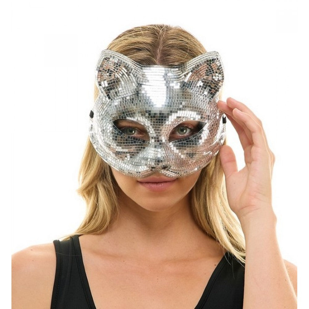 Mirror Glass Cat Mask - Black or Silver - Disco - Costume Accessory - One Size