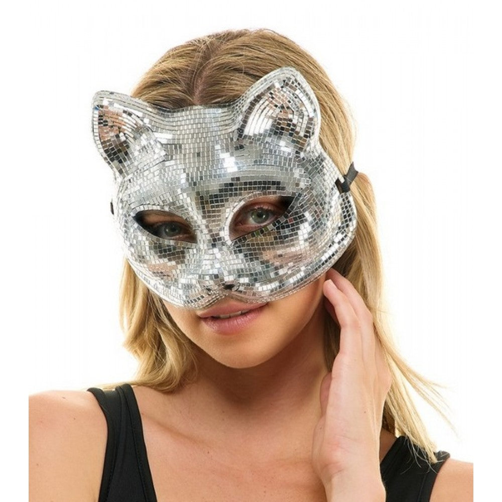 Mirror Glass Cat Mask - Black or Silver - Disco - Costume Accessory - One Size